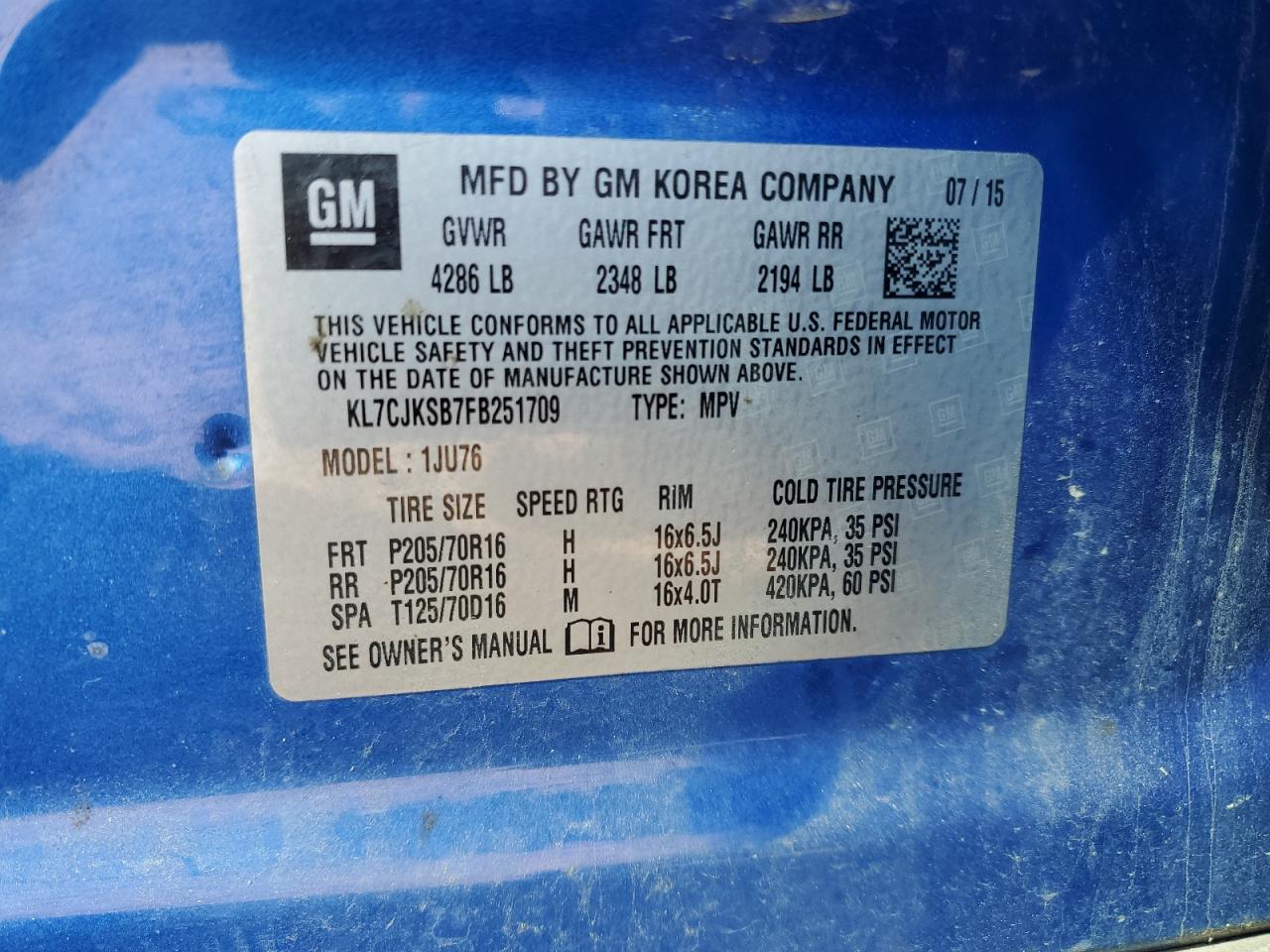 2015 Chevrolet Trax VIN KL7CJKSB7FB251709 Copart auction photo, front end / minor dent/scratches damage thumbnail 15