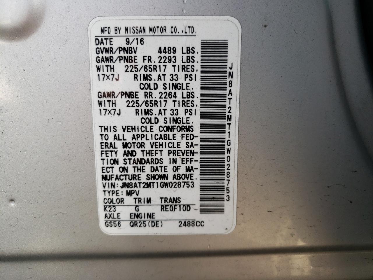 2016 Nissan Rogue VIN JN8AT2MT1GW028753 Copart auction photo, front end / undercarriage damage thumbnail 13