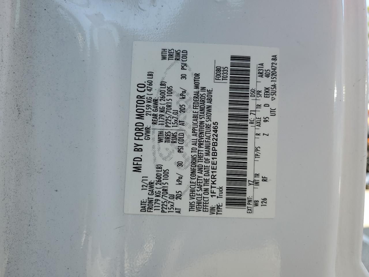 2011 Ford Ranger VIN 1FTKR1EE1BPB22465 Copart auction photo, rear end damage thumbnail 12