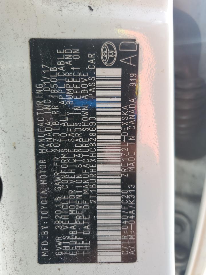 2017 Toyota Corolla VIN 2T1BURHEXHC828690 Copart auction photo, front end / undercarriage damage thumbnail 12