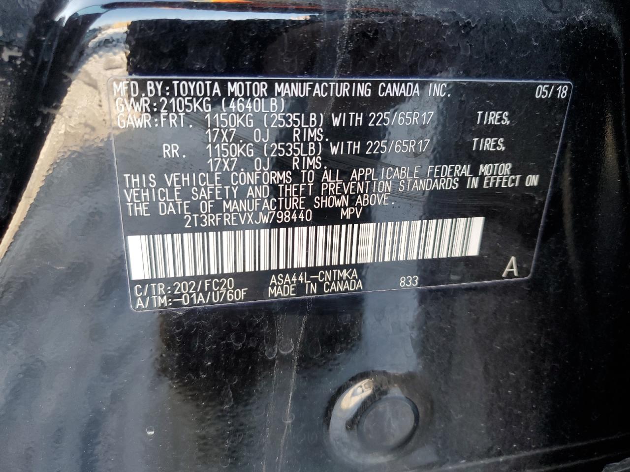 2018 Toyota RAV 4 VIN 2T3RFREVXJW798440 Copart auction photo, rear end / side damage thumbnail 13