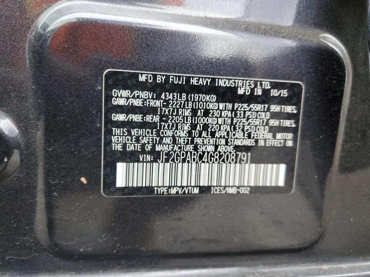 2016 Subaru XV VIN JF2GPABC4G8208791 Copart auction photo, front end damage thumbnail 15