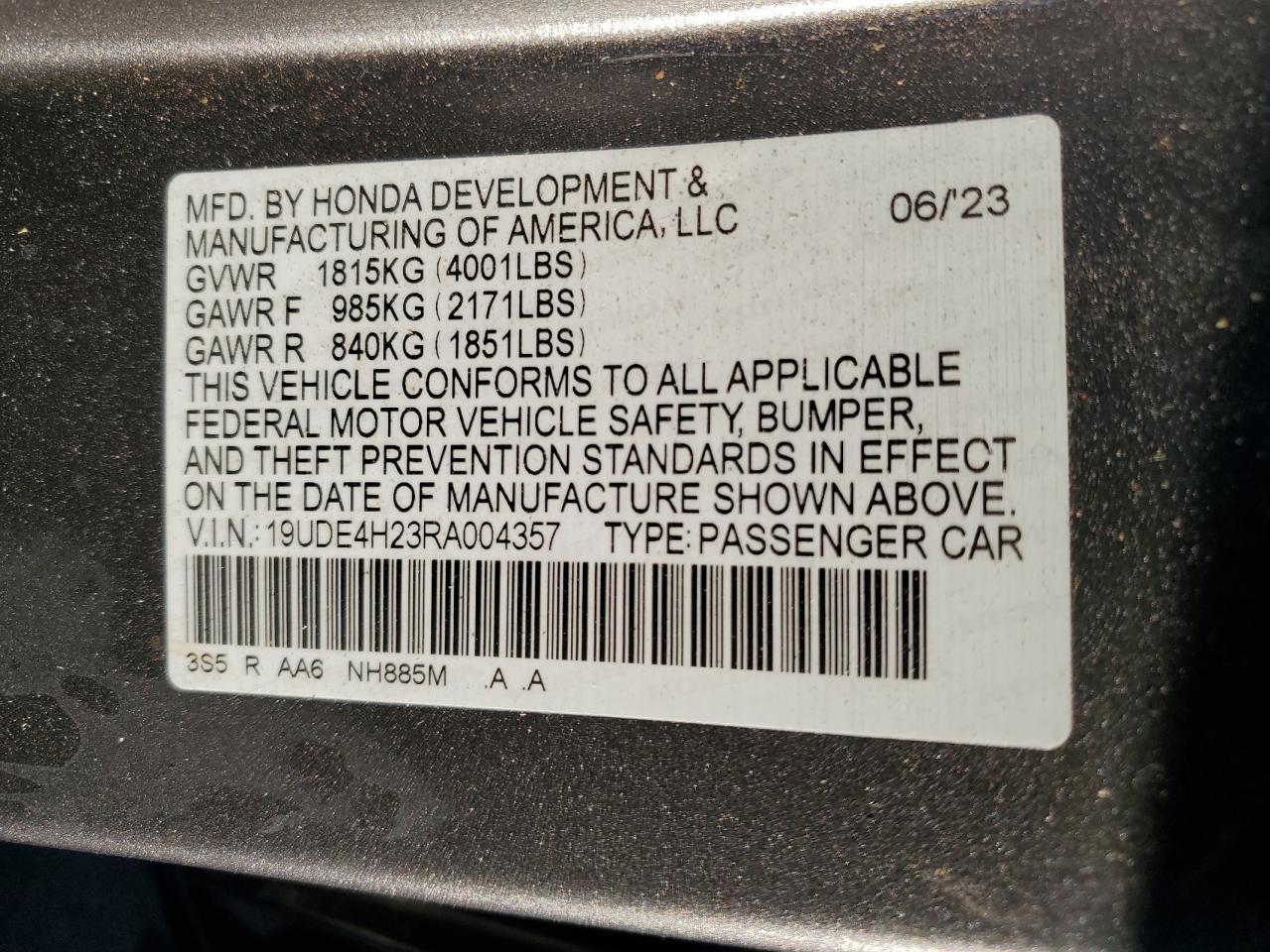 2024 Acura Integra VIN 19UDE4H23RA004357 Copart auction photo, all over damage thumbnail 12