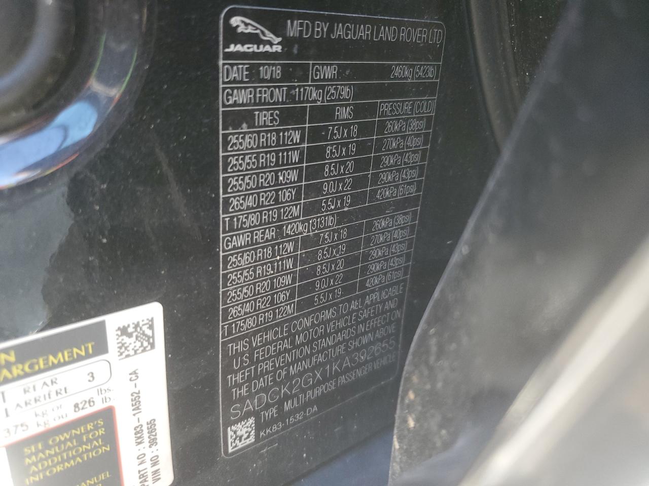2019 Jaguar F-Pace VIN SADCK2GX1KA392655 Copart auction photo, undercarriage damage thumbnail 13