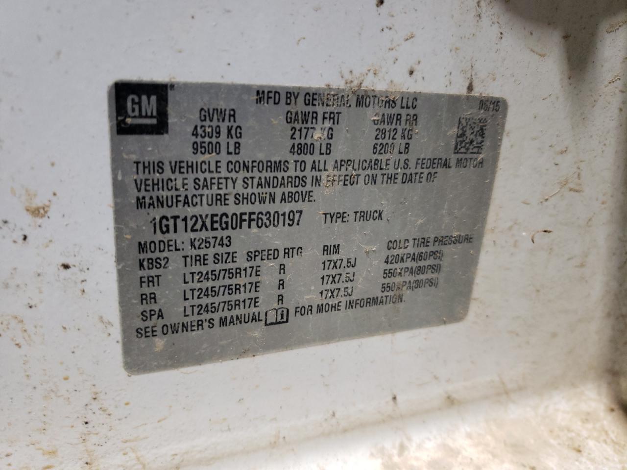 2015 GMC Sierra VIN 1GT12XEG0FF630197 Copart auction photo, rear end / side damage thumbnail 12