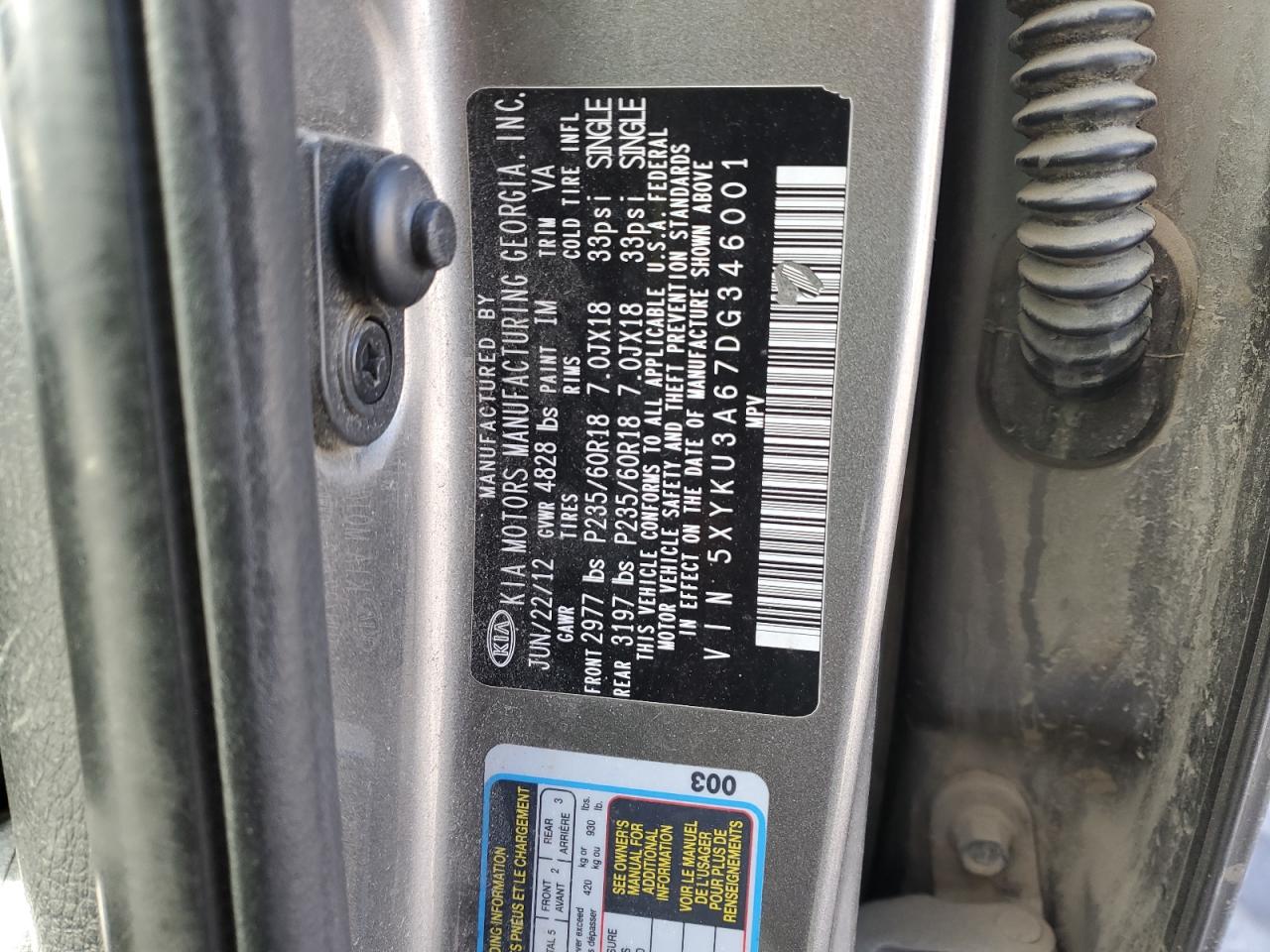 2013 KIA Sorento VIN 5XYKU3A67DG346001 Copart auction photo, front end damage thumbnail 15