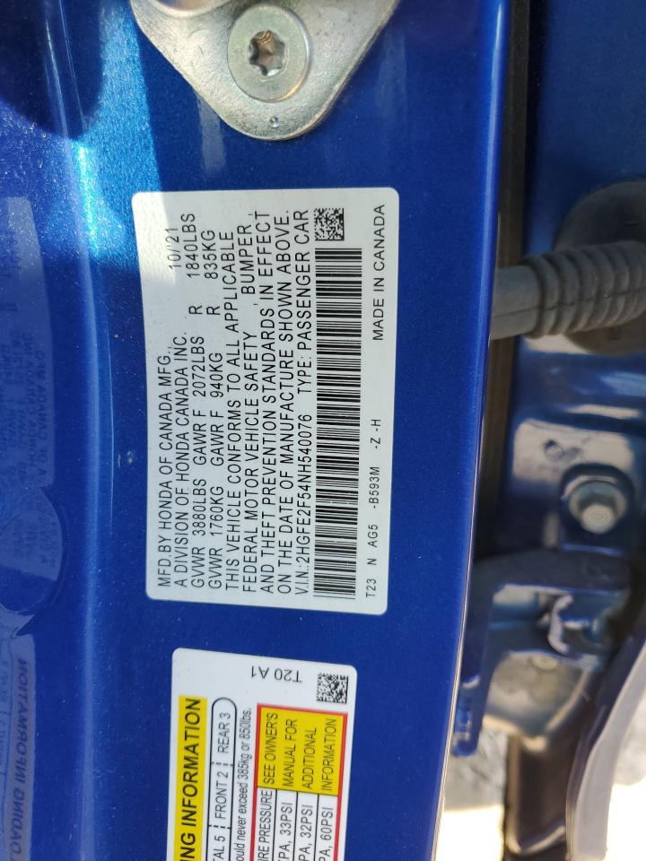 2022 Honda Civic VIN 2HGFE2F54NH540076 Copart auction photo, front end / minor dent/scratches damage thumbnail 15
