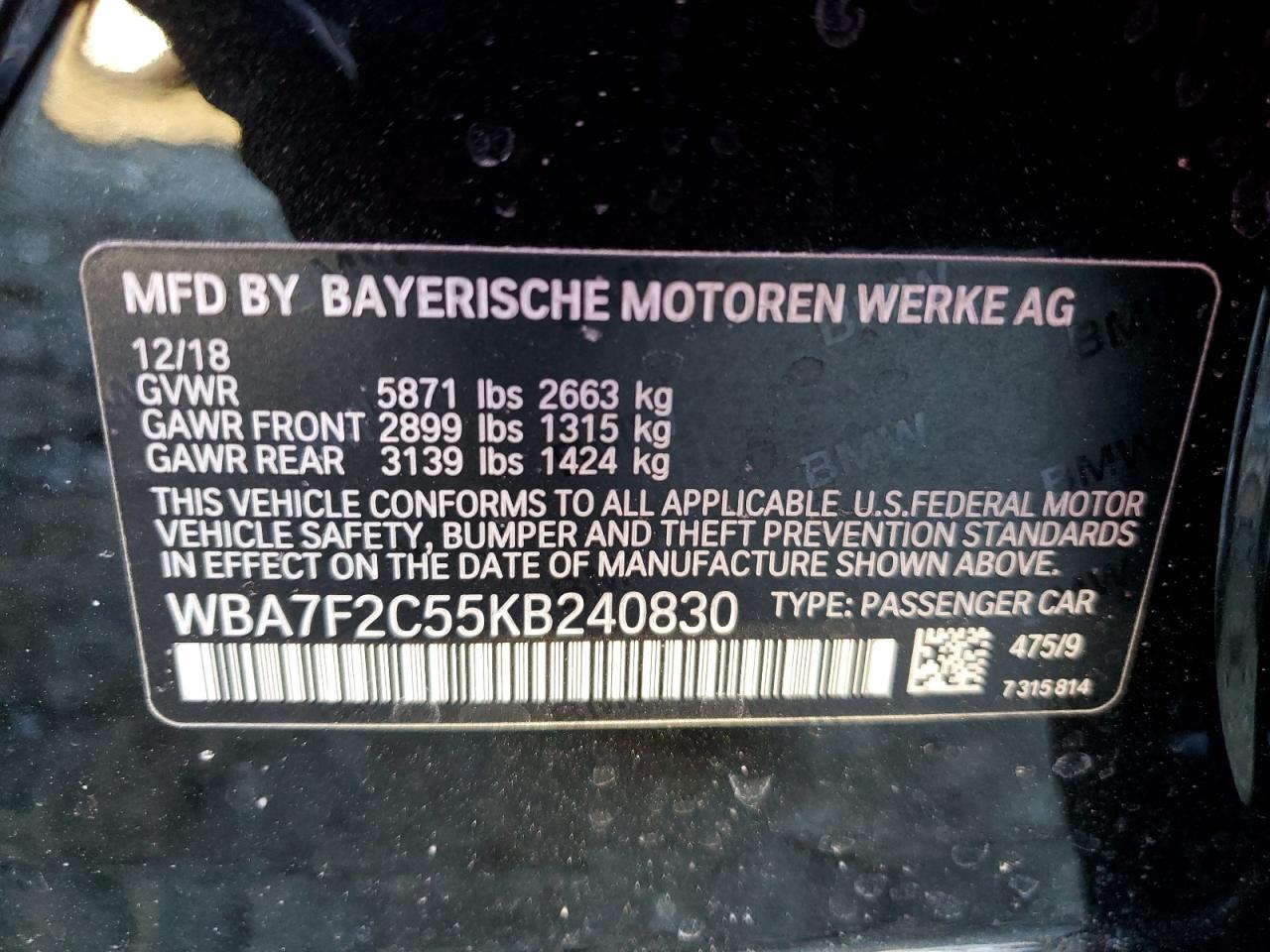 2019 BMW 7er VIN WBA7F2C55KB240830 Copart auction photo, front end / undercarriage damage thumbnail 12