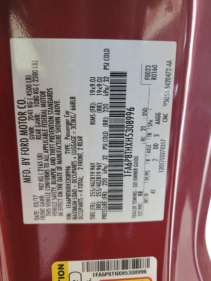2017 Ford Mustang VIN 1FA6P8THXH5308996 Copart auction photo, front end damage thumbnail 12