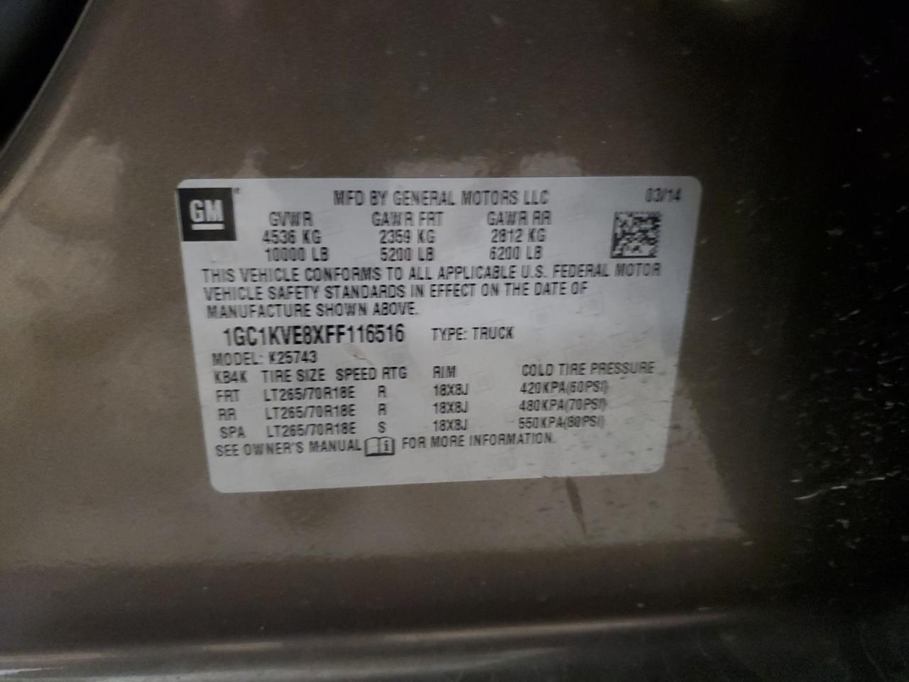 2015 Chevrolet Silverado VIN 1GC1KVE8XFF116516 Copart auction photo, front end damage thumbnail 12