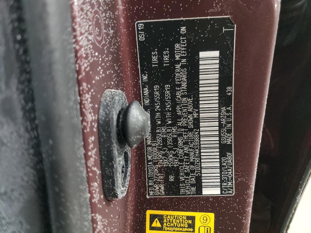 2019 Toyota Highlander VIN 5TDDZRFH4KS998842 Copart auction photo, front end damage thumbnail 12