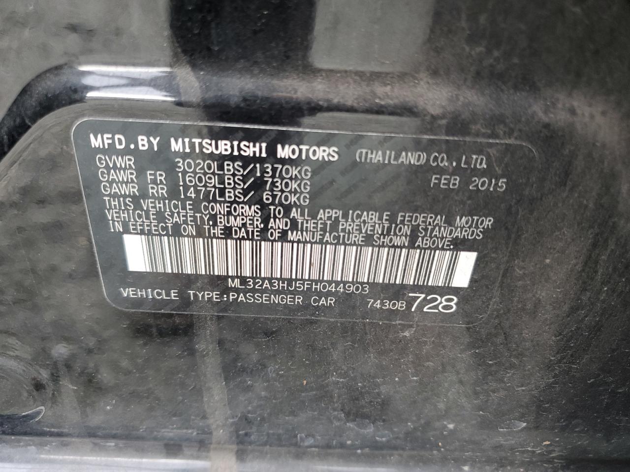 2015 Mitsubishi Mirage VIN ML32A3HJ5FH044903 Copart auction photo, front end damage thumbnail 14