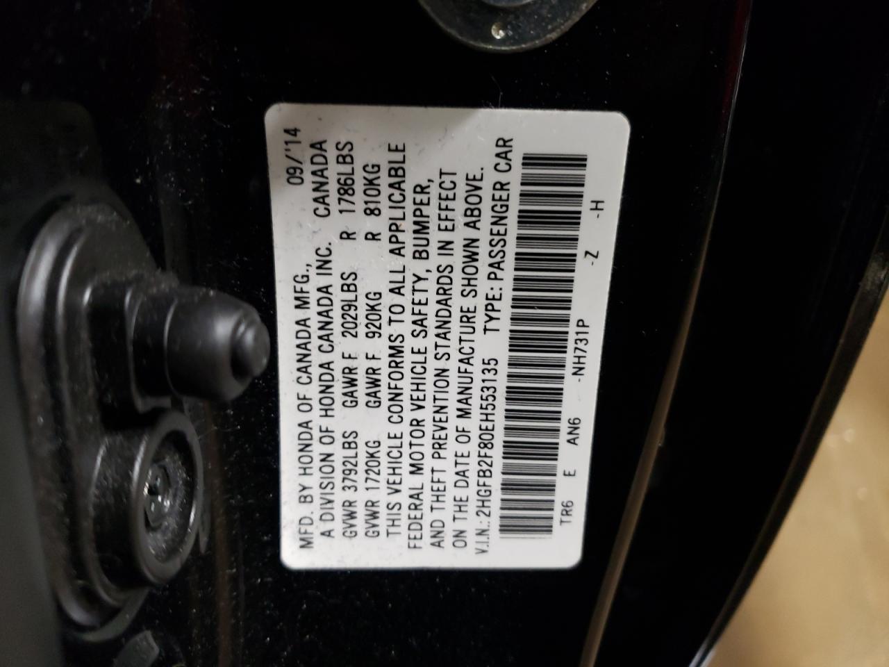 2014 Honda Civic VIN 2HGFB2F80EH553135 Copart auction photo, rollover damage thumbnail 12