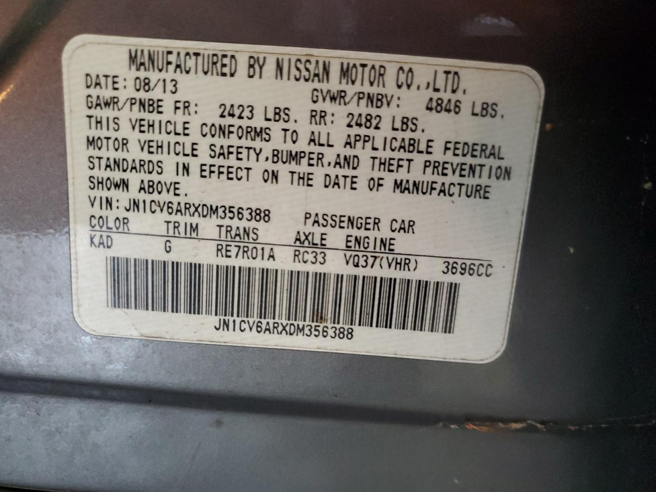 2013 Infiniti G VIN JN1CV6ARXDM356388 Copart auction photo, rear end damage thumbnail 14