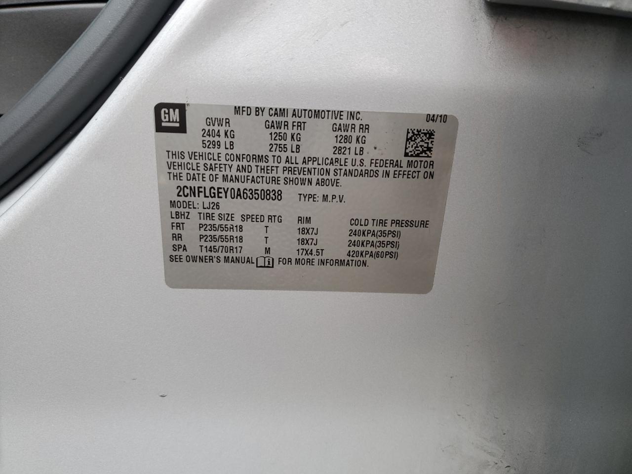 2010 Chevrolet Equinox VIN 2CNFLGEY0A6350838 Copart auction photo, front end / minor dent/scratches damage thumbnail 16