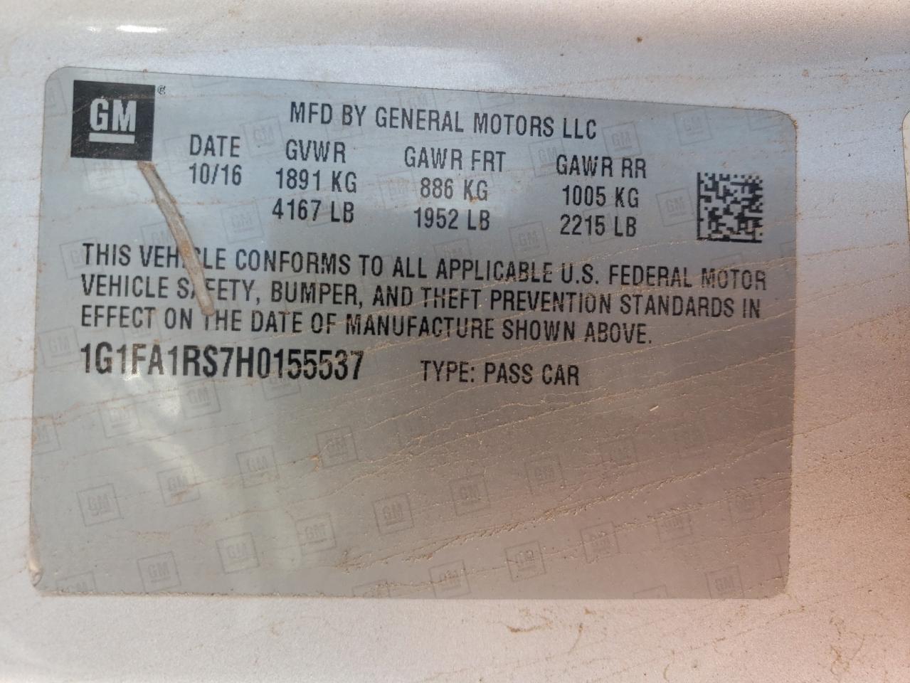 2017 Chevrolet Camaro VIN 1G1FA1RS7H0155537 Copart auction photo, water/flood / all over damage thumbnail 12