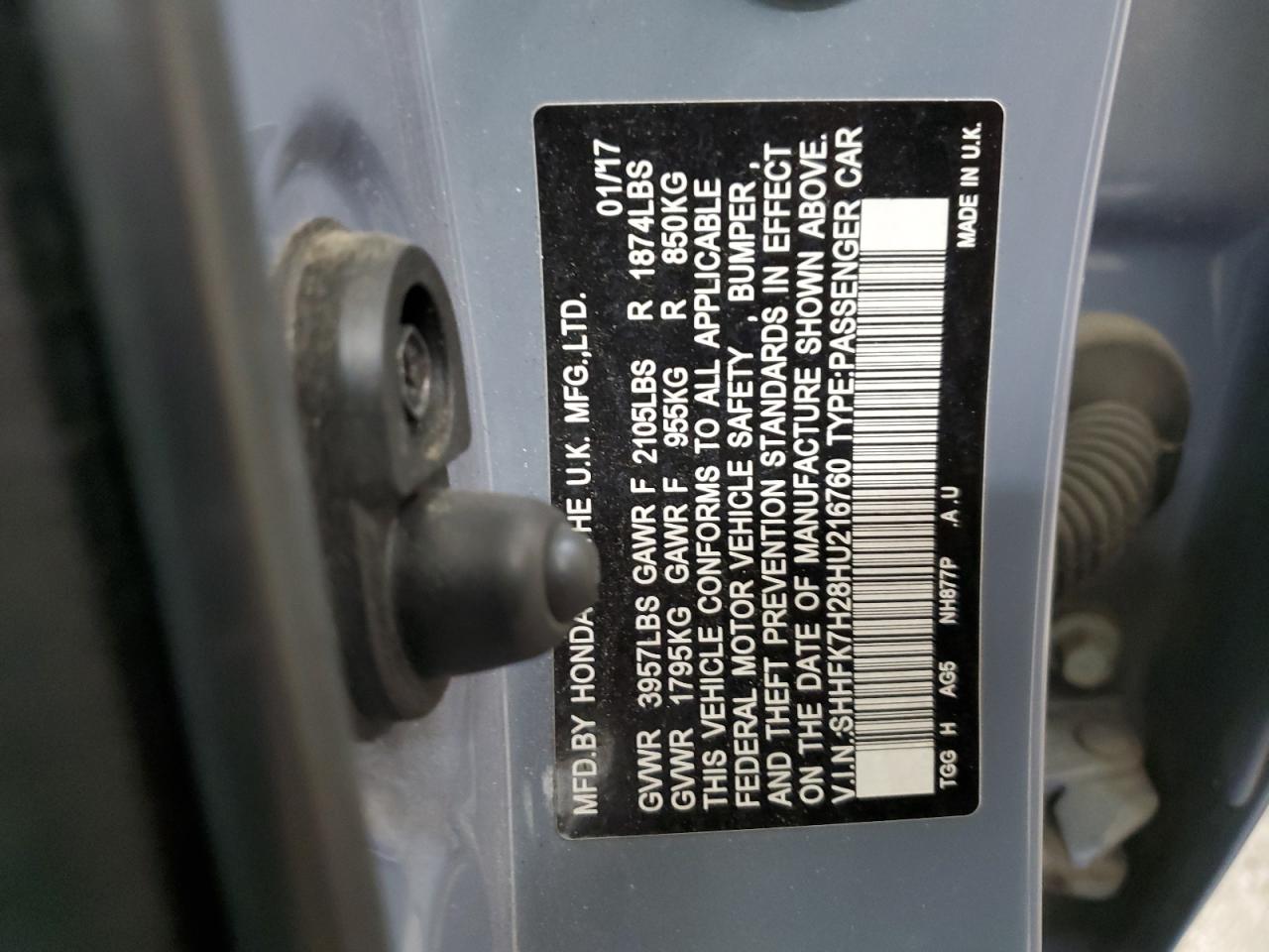 2017 Honda Civic VIN SHHFK7H28HU216760 Copart auction photo, front end damage thumbnail 13