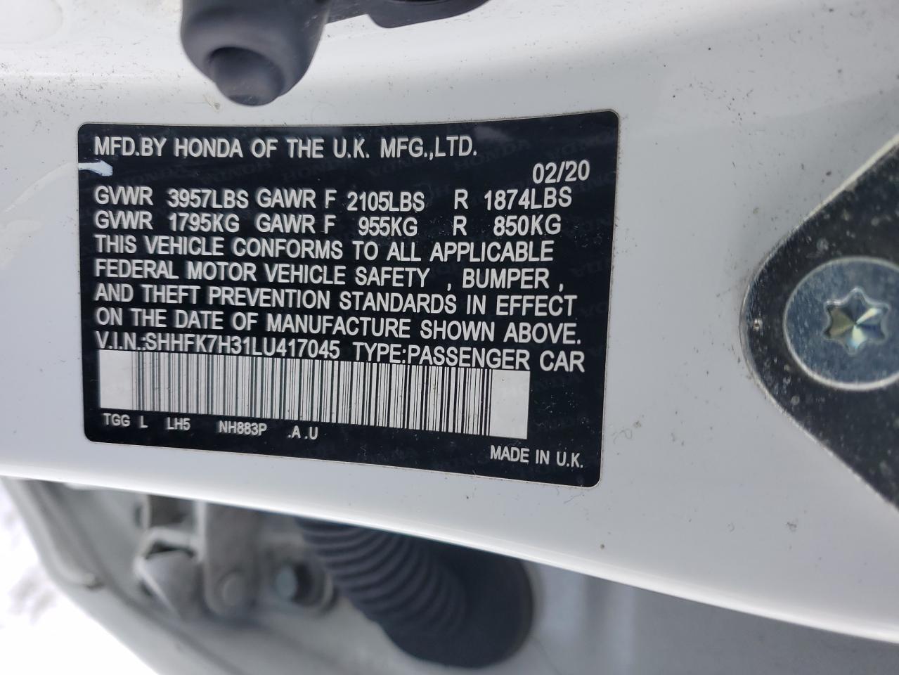 2020 Honda Civic VIN SHHFK7H31LU417045 Copart auction photo, front end damage thumbnail 12