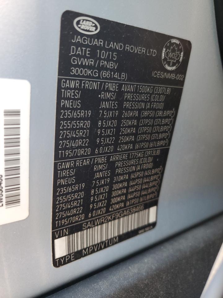 2016 Land Rover Range Rover VIN SALWR2KF9GA638466 Copart auction photo, front end / rear end damage thumbnail 15