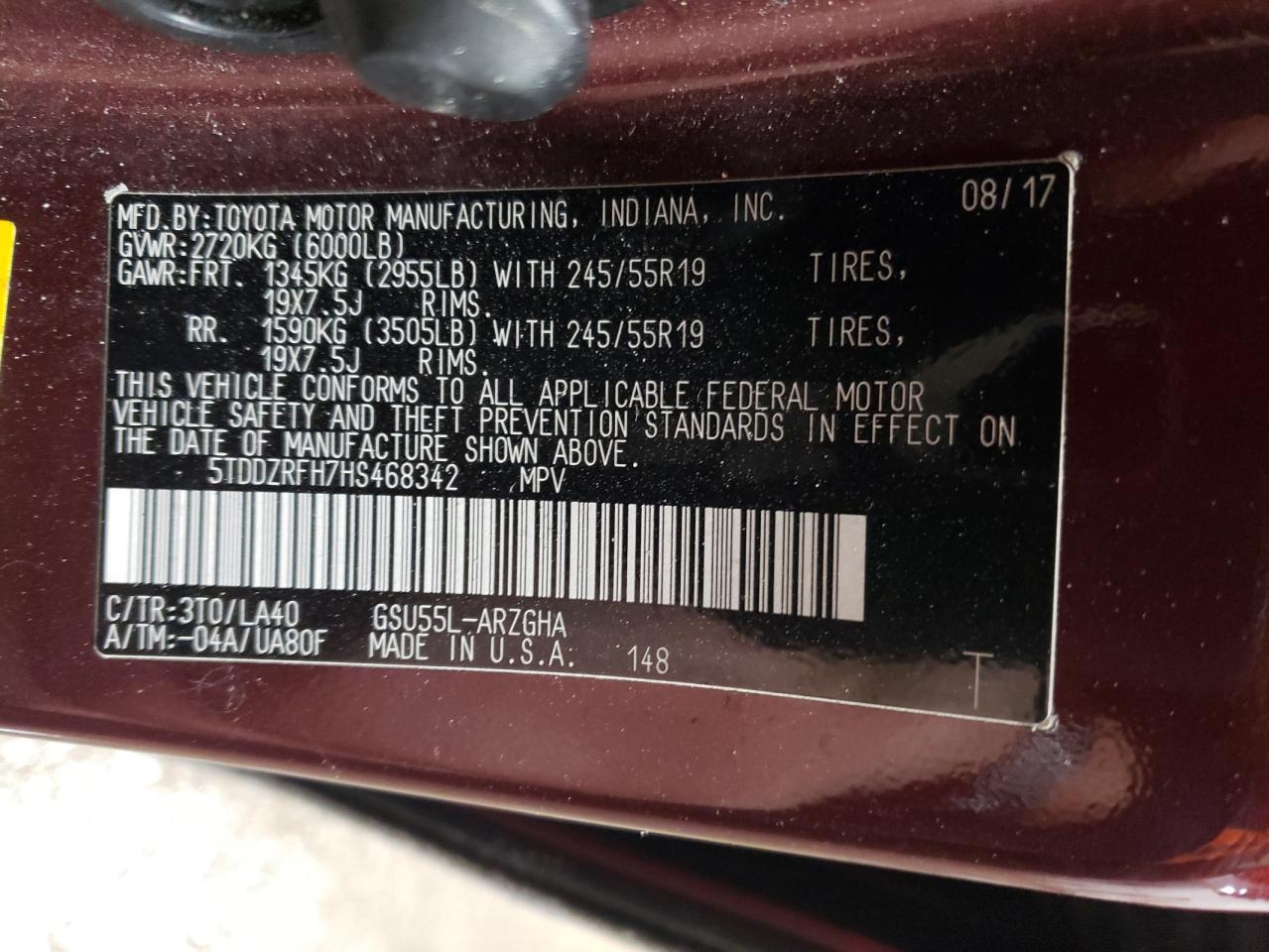 2017 Toyota Highlander VIN 5TDDZRFH7HS468342 Copart auction photo, side damage thumbnail 15