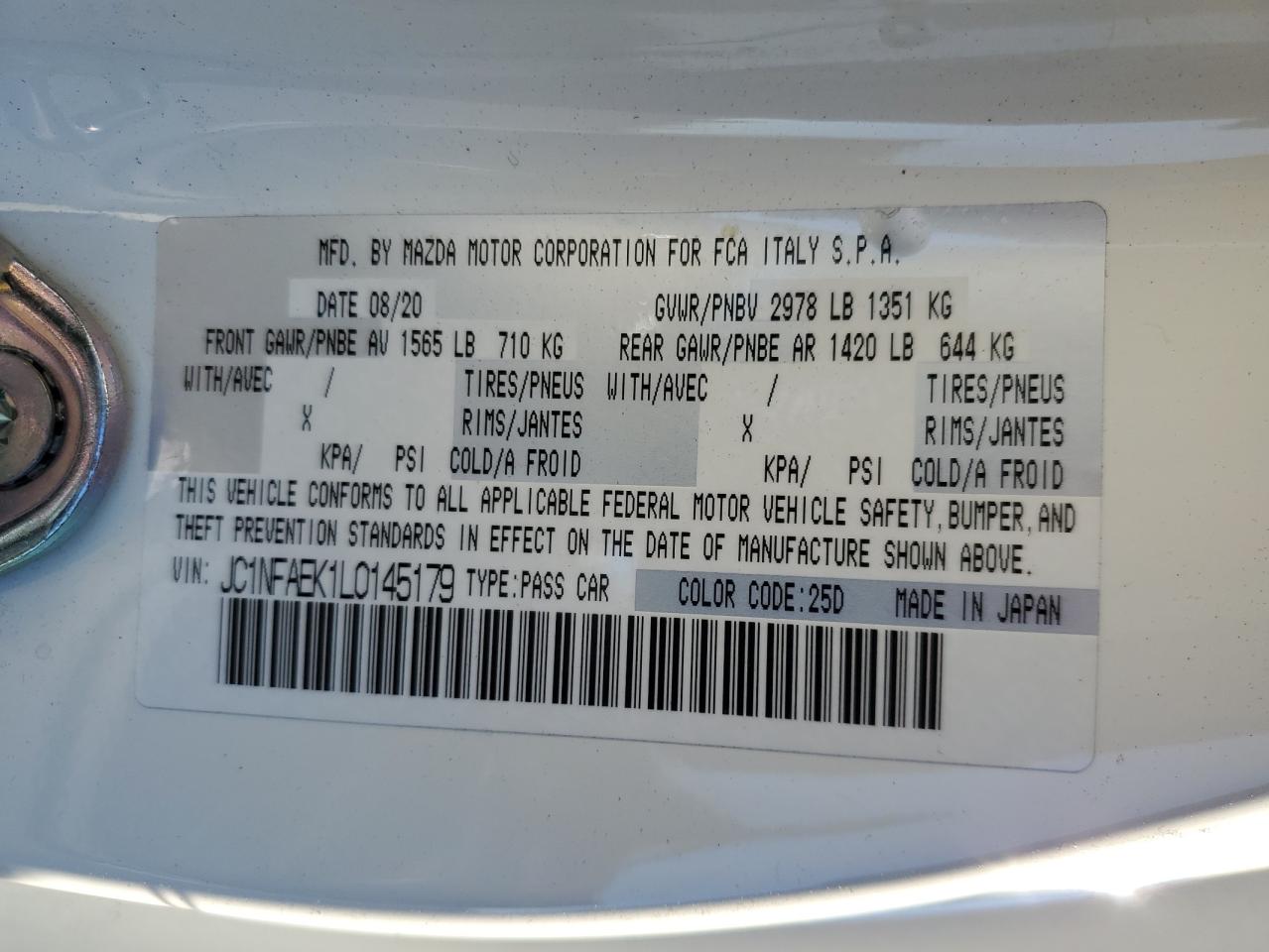2020 Fiat 124 Spider VIN JC1NFAEK1L0145179 Copart auction photo, rear end / minor dent/scratches damage thumbnail 12