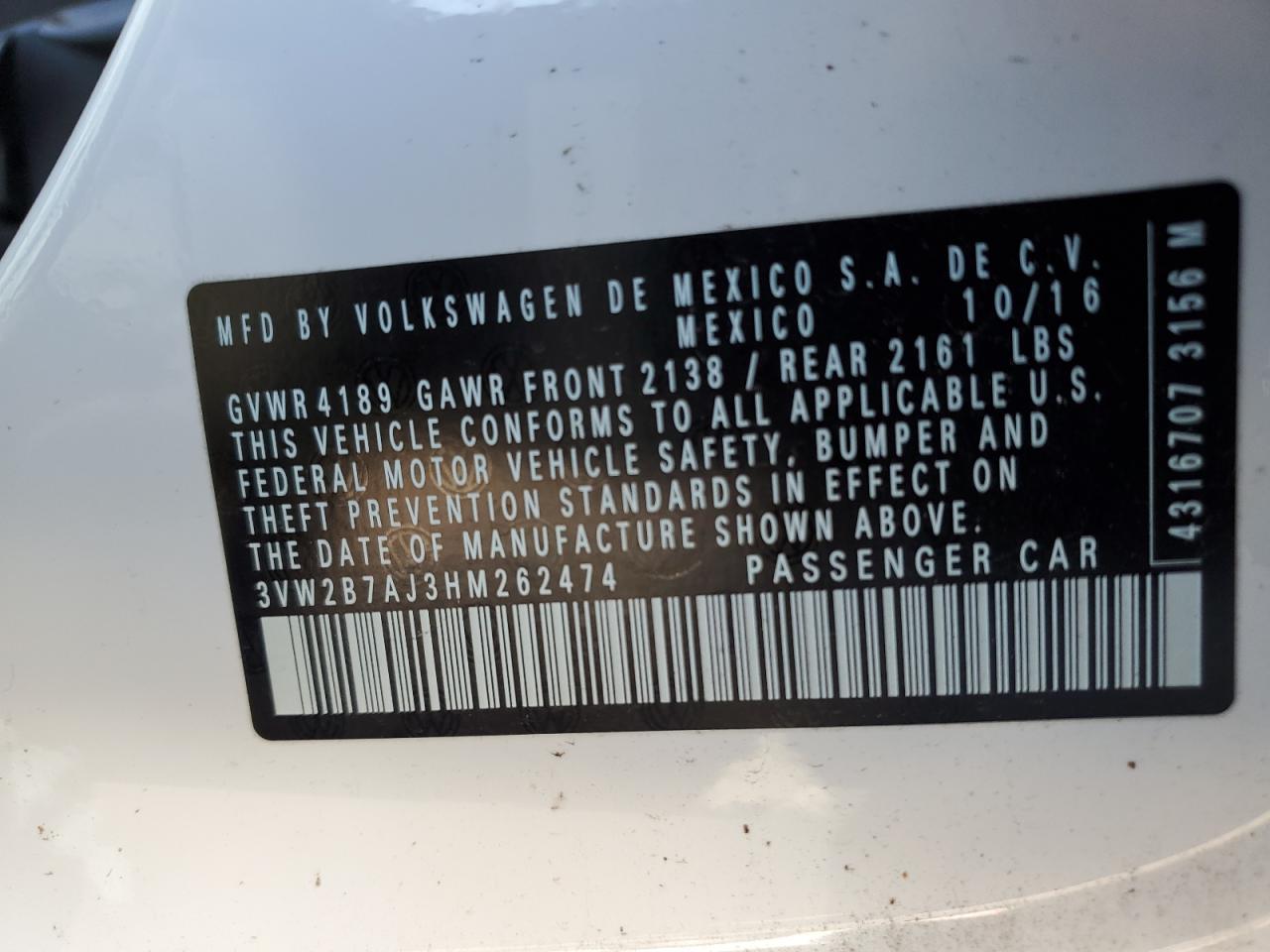 2017 Volkswagen Jetta VIN 3VW2B7AJ3HM262474 Copart auction photo, rear end damage thumbnail 12
