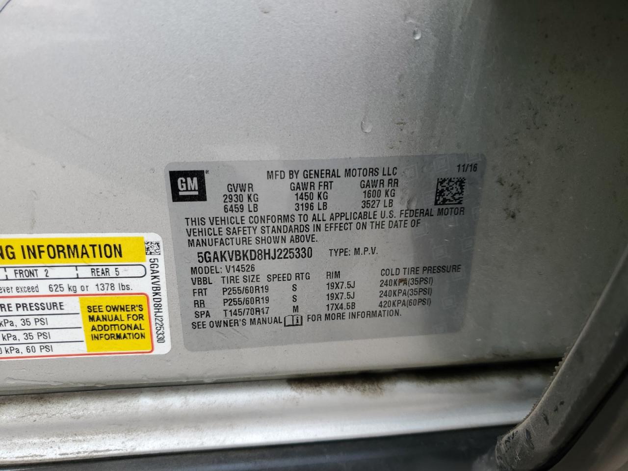 2017 Buick Enclave VIN 5GAKVBKD8HJ225330 Copart auction photo, front end / rear end damage thumbnail 13
