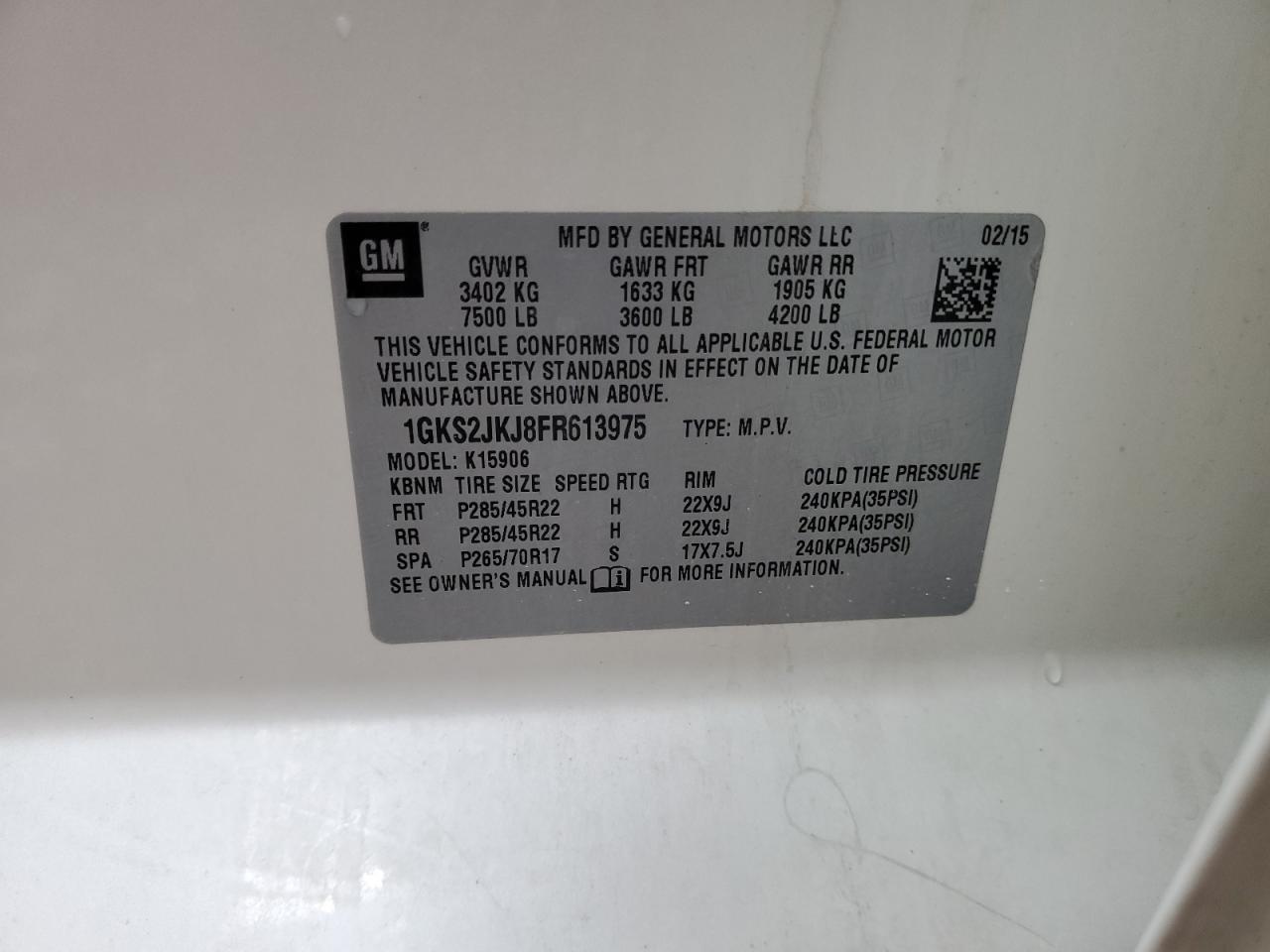2015 GMC Yukon VIN 1GKS2JKJ8FR613975 Copart auction photo, front end damage thumbnail 13