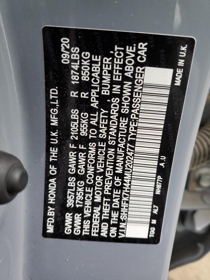 2021 Honda Civic VIN SHHFK7H44MU202477 Copart auction photo, front end damage thumbnail 12
