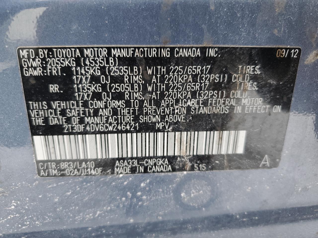 2012 Toyota RAV 4 VIN 2T3DF4DV6CW246421 Copart auction photo, front end / undercarriage damage thumbnail 13