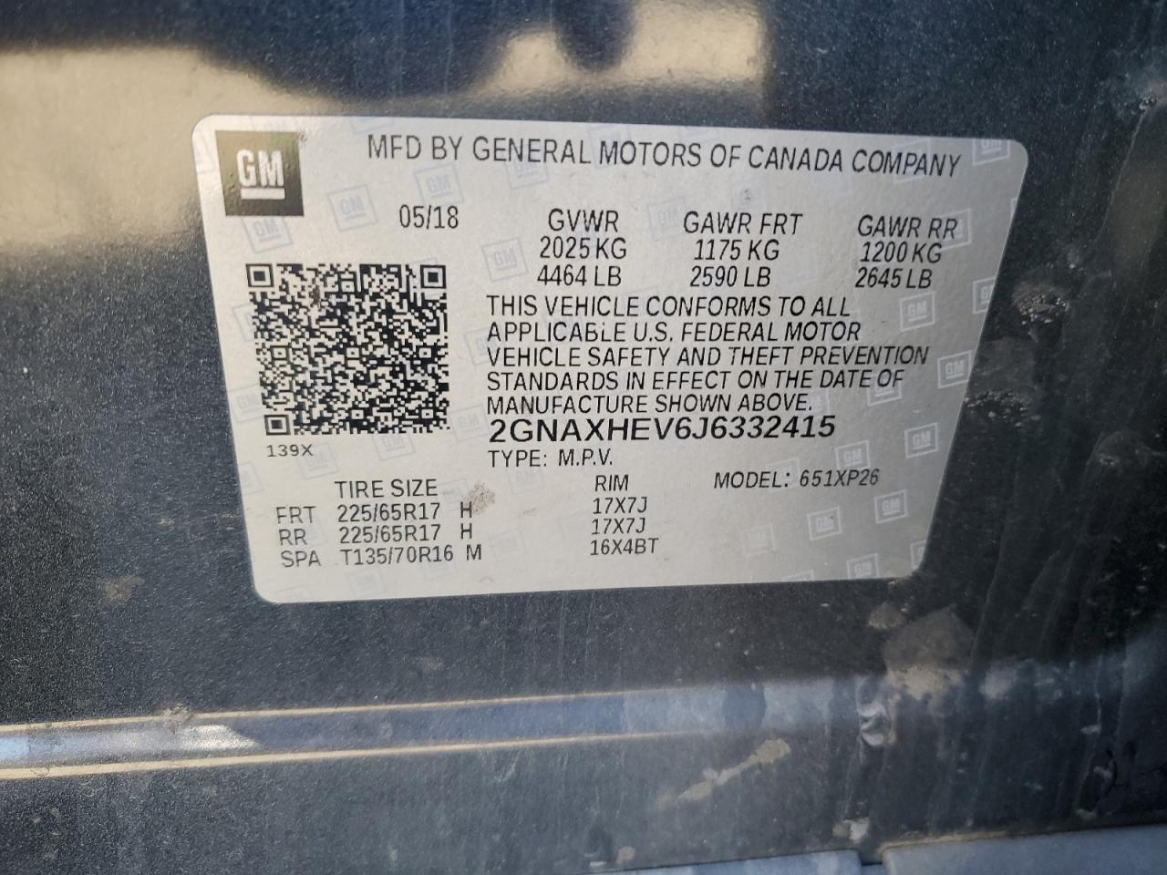 2018 Chevrolet Equinox VIN 2GNAXHEV6J6332415 Copart auction photo, all over damage thumbnail 13