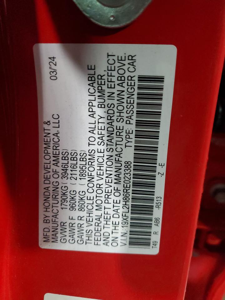 2024 Honda Civic VIN 19XFL2H86RE023388 Copart auction photo, all over damage thumbnail 14
