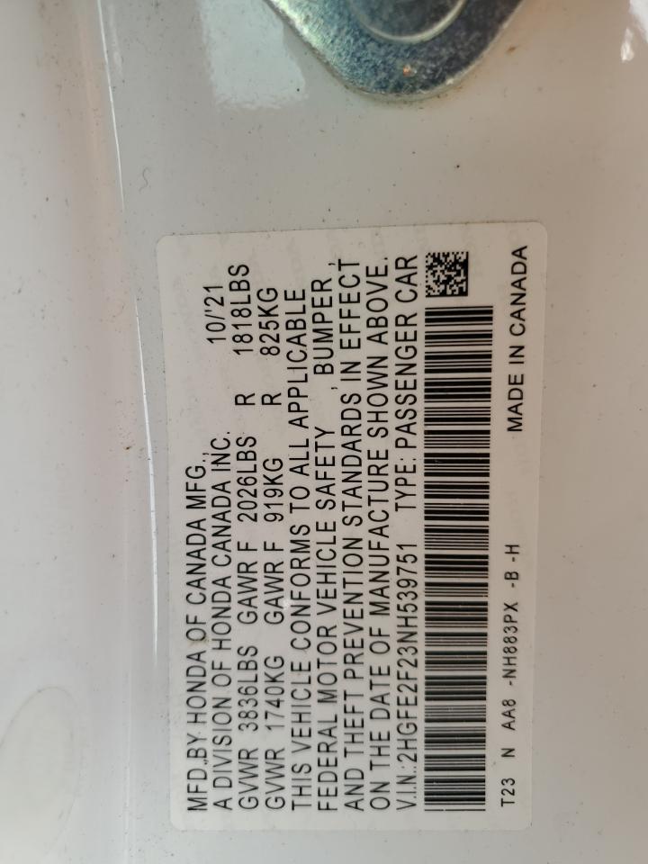 2022 Honda Civic VIN 2HGFE2F23NH539751 Copart auction photo, rear end damage thumbnail 15