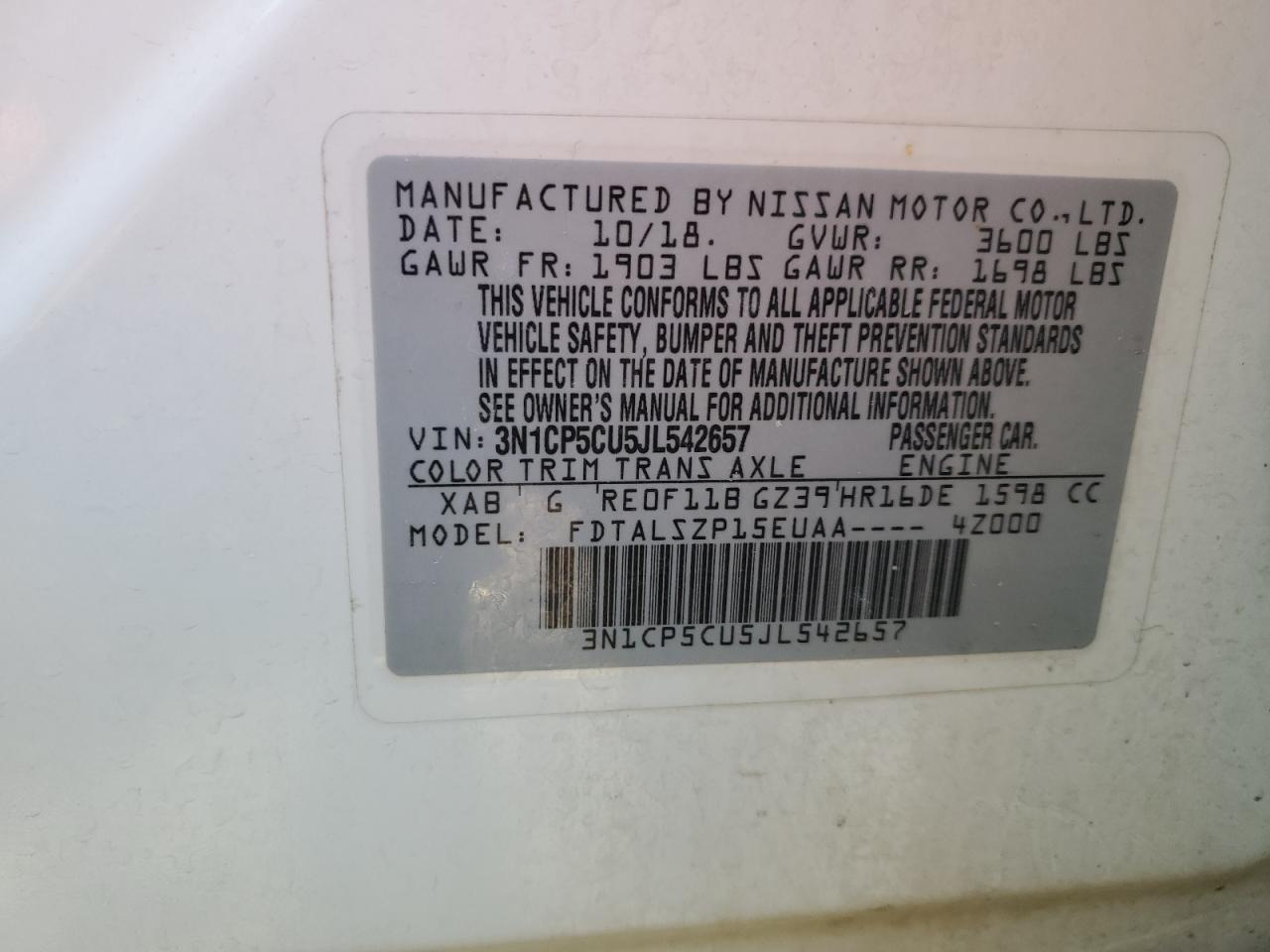 2018 Nissan Kicks VIN 3N1CP5CU5JL542657 Copart auction photo, side / undercarriage damage thumbnail 13