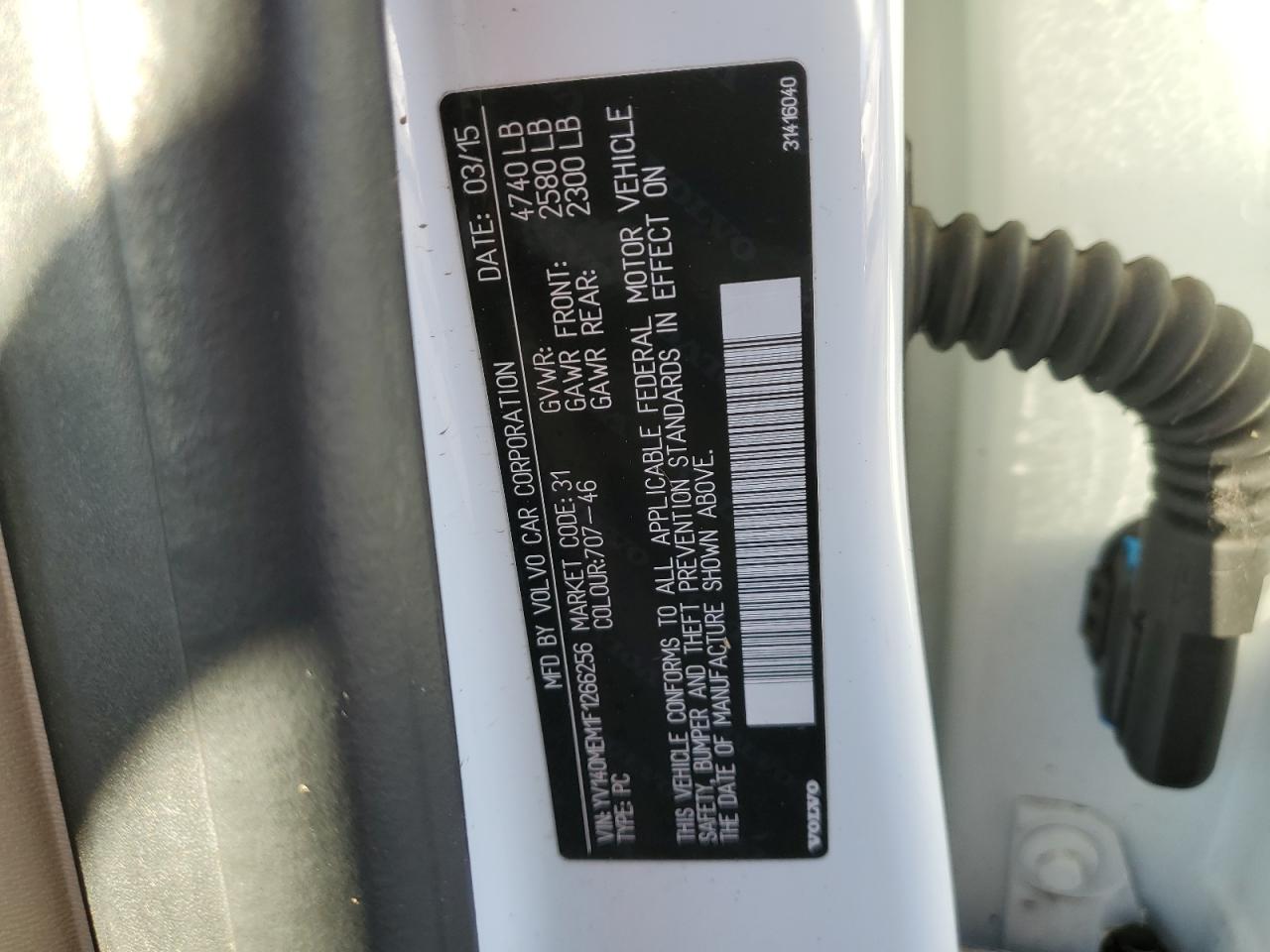 2015 Volvo V60 VIN YV140MEM1F1266256 Copart auction photo, water/flood damage thumbnail 12