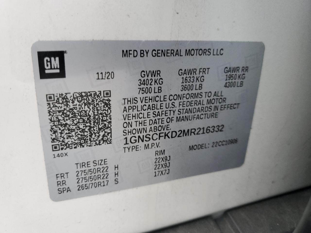 2021 Chevrolet Suburban VIN 1GNSCFKD2MR216332 Copart auction photo, front end damage thumbnail 15