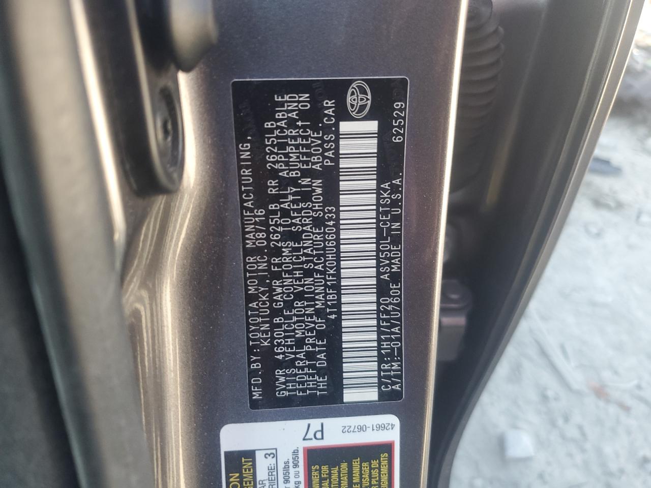2017 Toyota Camry VIN 4T1BF1FK0HU660433 Copart auction photo, front end damage thumbnail 13