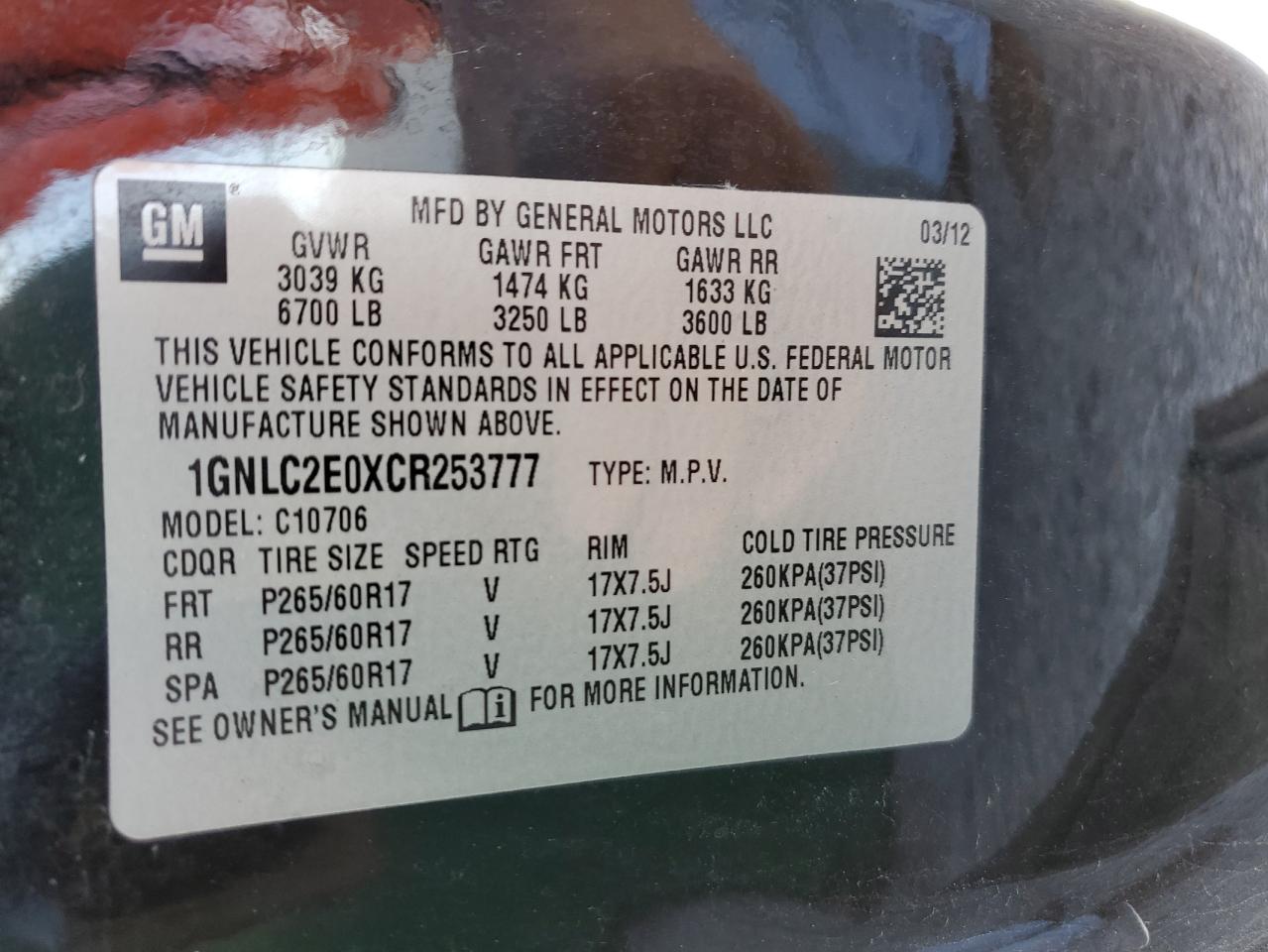 2012 Chevrolet Tahoe VIN 1GNLC2E0XCR253777 Copart auction photo, front end damage thumbnail 13