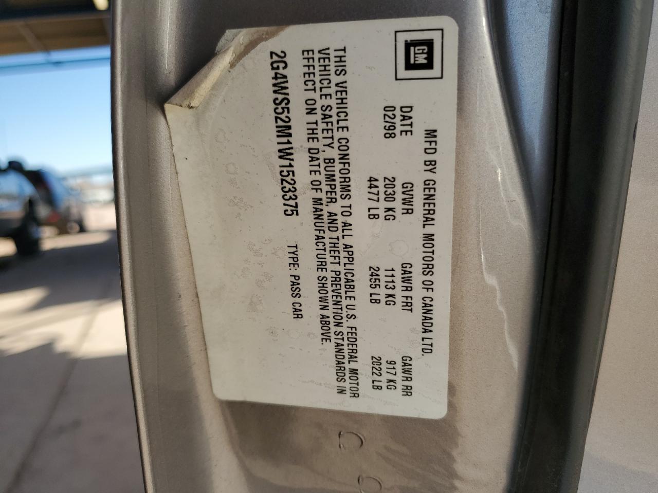 1998 Buick Century VIN 2G4WS52M1W1523375 Copart auction photo, front end / side damage thumbnail 14