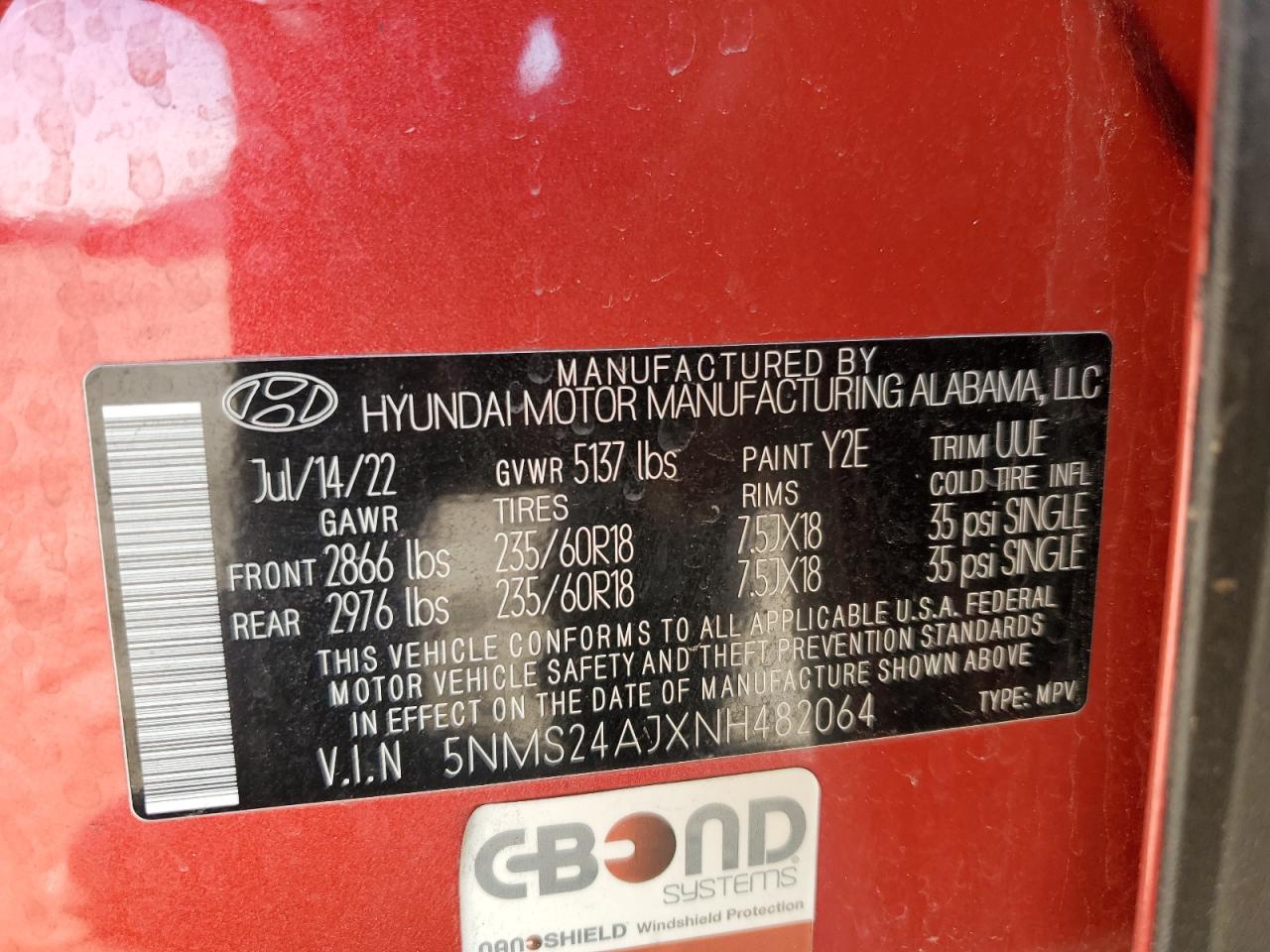 2022 Hyundai Santa Fe VIN 5NMS24AJXNH482064 Copart auction photo, front end / side damage thumbnail 13