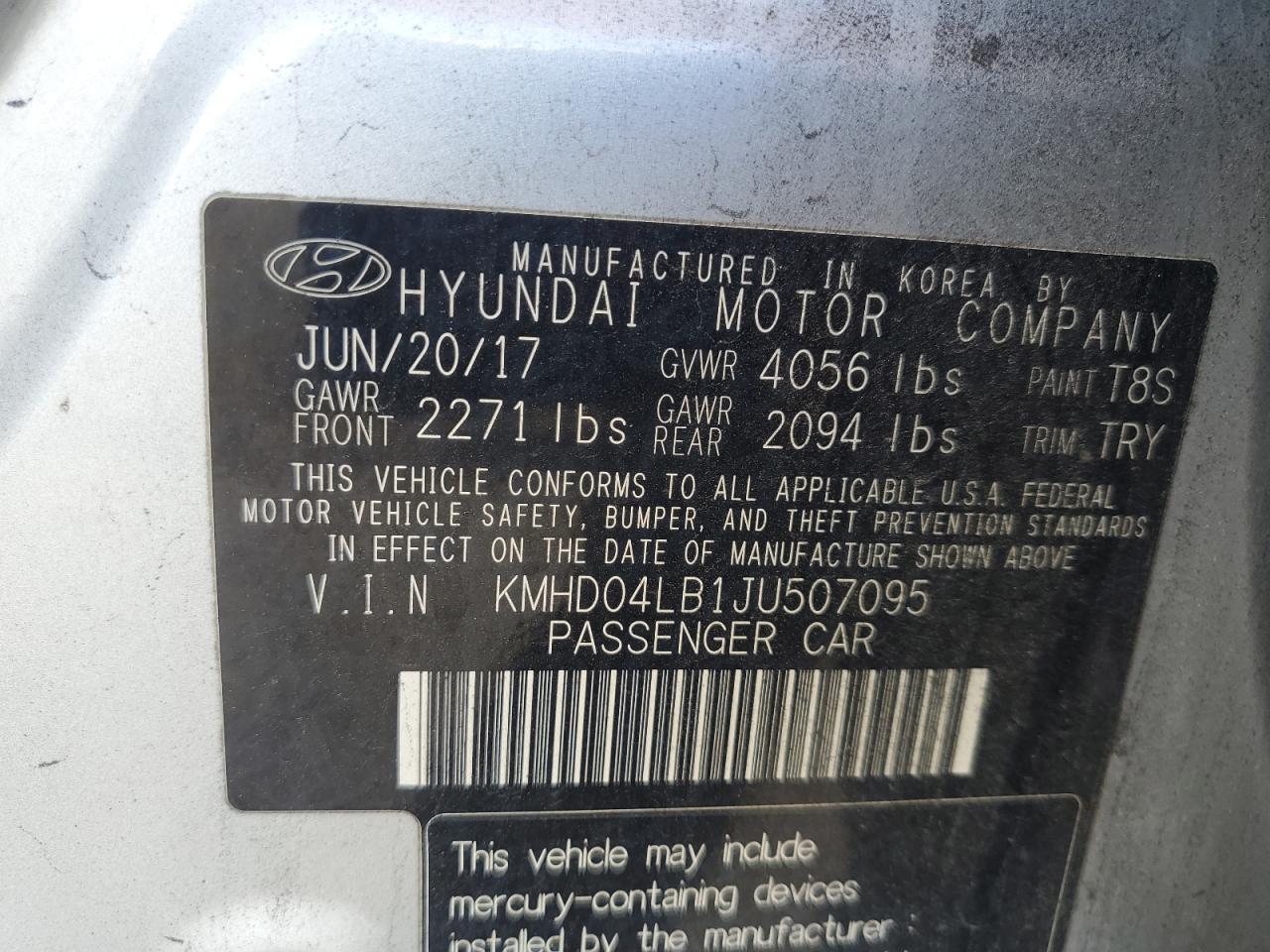 2018 Hyundai Elantra VIN KMHD04LB1JU507095 Copart auction photo, side / front end damage thumbnail 12