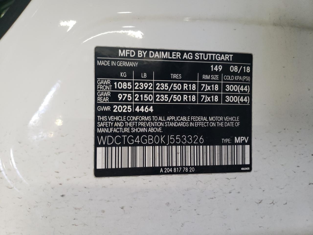2019 Mercedes-Benz GLA-klasse VIN WDCTG4GB0KJ553326 Copart auction photo, front end damage thumbnail 12