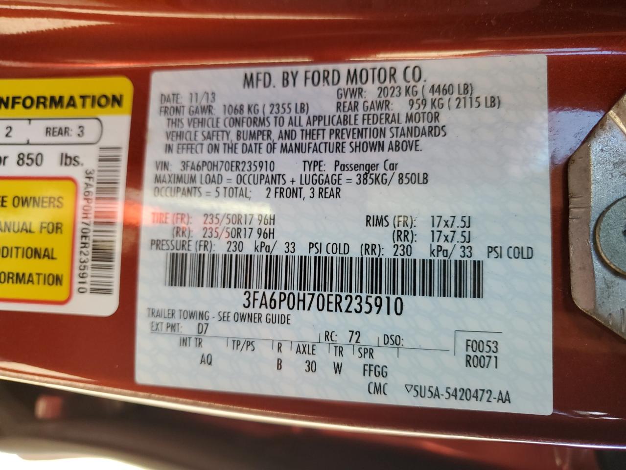 2014 Ford Fusion VIN 3FA6P0H70ER235910 Copart auction photo, side damage thumbnail 12