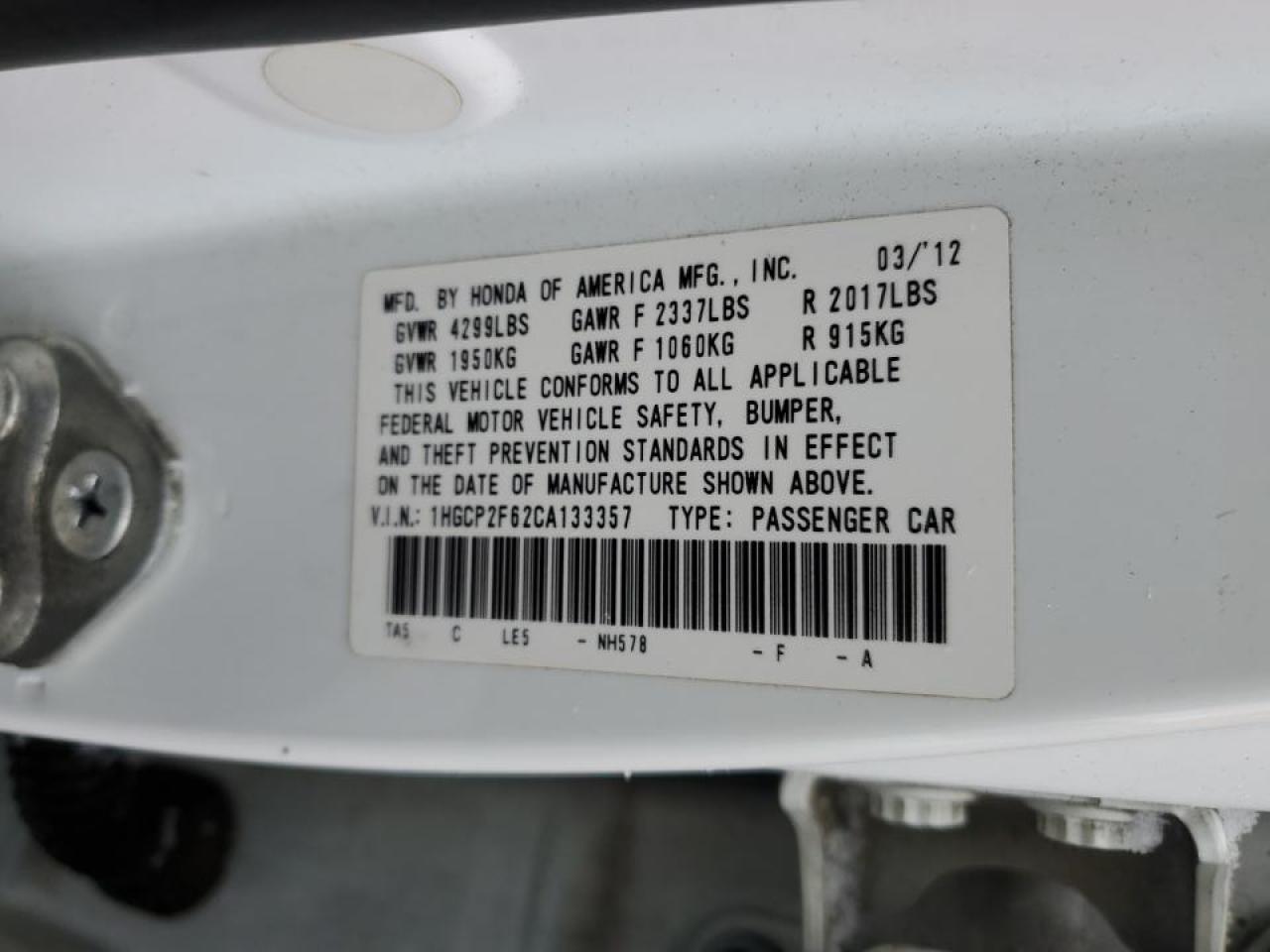 2012 Honda Accord VIN 1HGCP2F62CA133357 Copart auction photo, side damage thumbnail 12