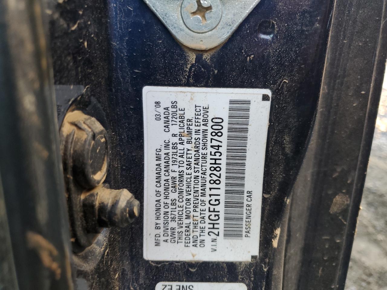 2008 Honda Civic VIN 2HGFG11828H547800 Copart auction photo, water/flood damage thumbnail 13