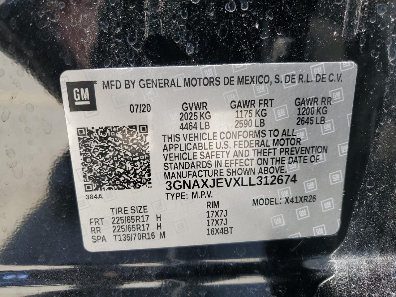 2020 Chevrolet Equinox VIN 3GNAXJEVXLL312674 Copart auction photo, rear end damage thumbnail 13
