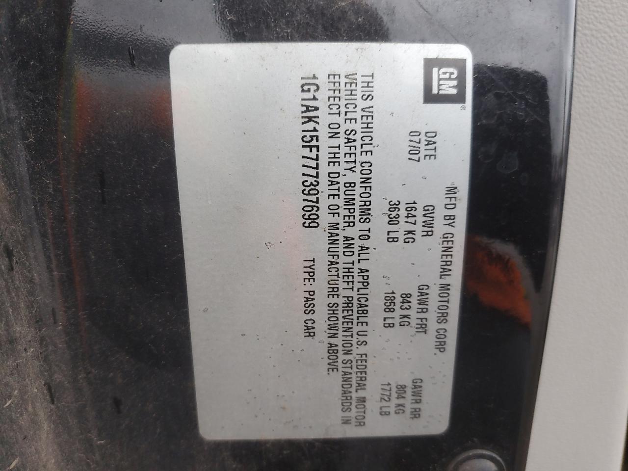 2007 Chevrolet Cobalt VIN 1G1AK15F777397699 Copart auction photo, side damage thumbnail 13