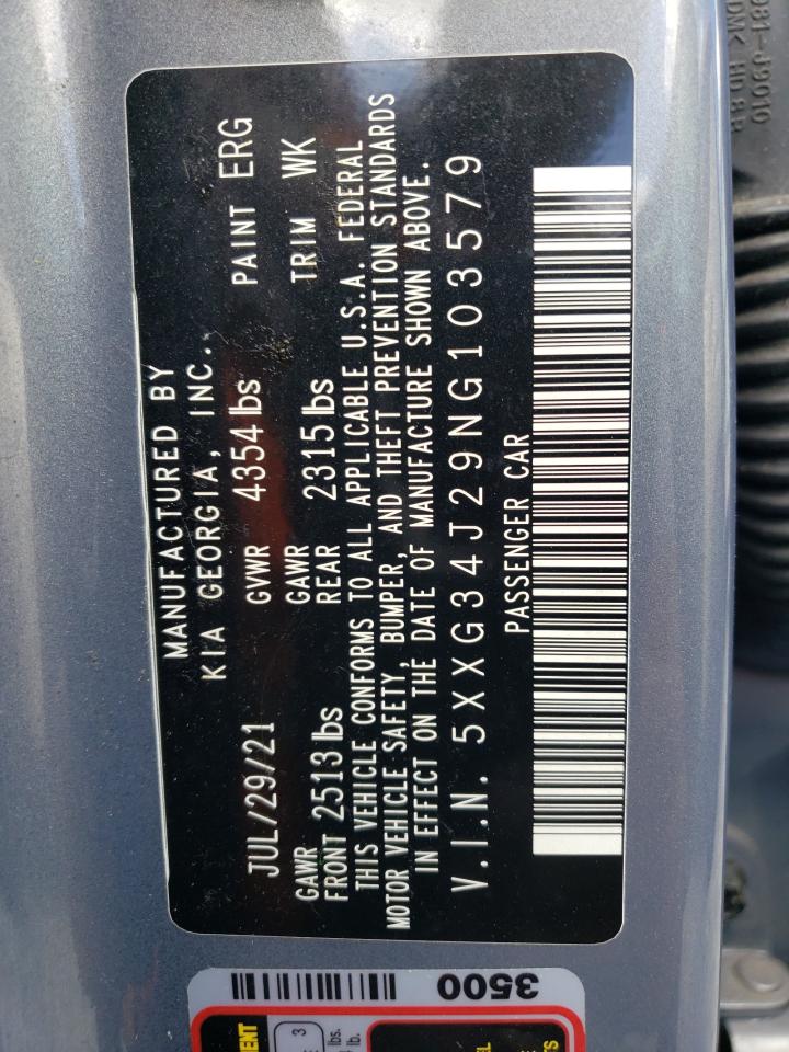 2022 KIA K5 VIN 5XXG34J29NG103579 Copart auction photo, front end damage thumbnail 13