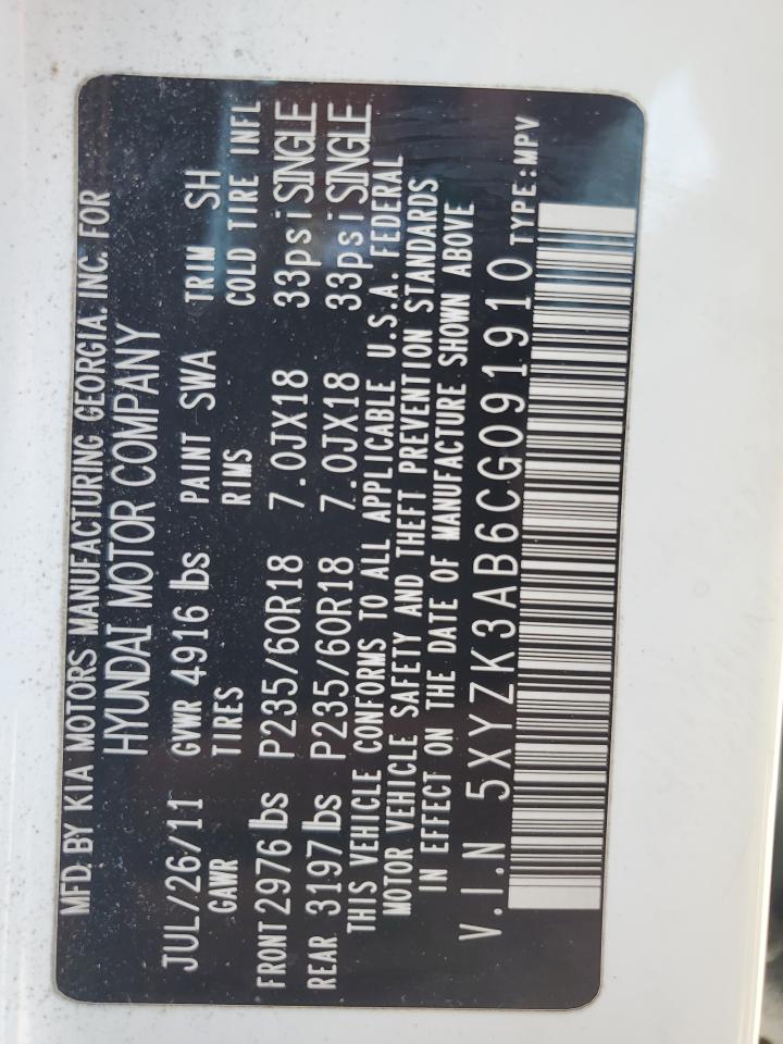 2012 Hyundai Santa Fe VIN 5XYZK3AB6CG091910 Copart auction photo, front end damage thumbnail 13