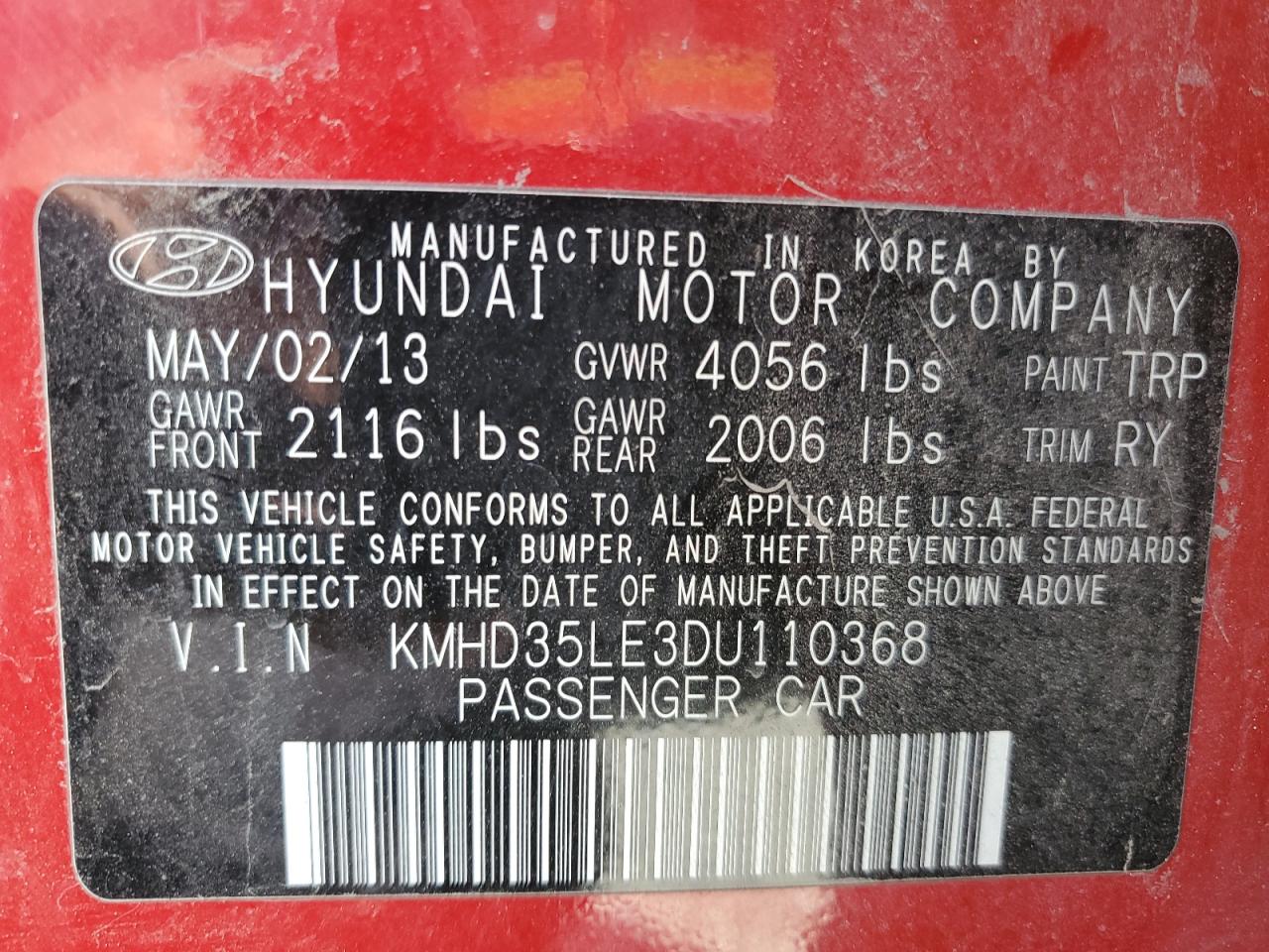 2013 Hyundai Elantra VIN KMHD35LE3DU110368 Copart auction photo, front end damage thumbnail 12